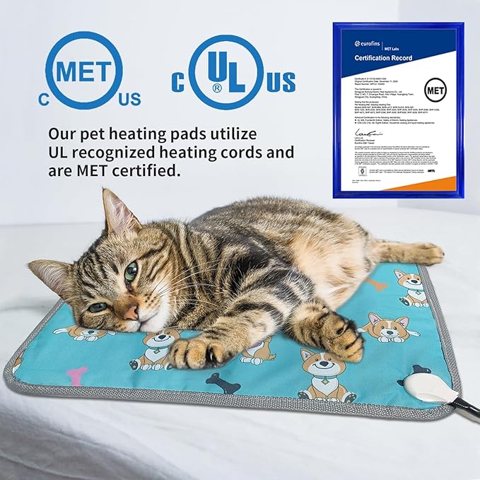 Cat Heating Pad,22x18 in Heated Cat Bed,Adjustable Thermostat+Constant On Function,with Metal Protective Tube Waterproof Puppy Heating Pad - Blue