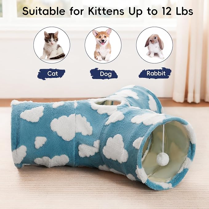 Tempcore Cat Tunnels for Indoor Cats, Cat Tube Toys 3 Way Collapsible, Pet Play Tunnel with Peek Hole Toy Ball for Kitty, Kitten, Rabbit, Blue Cloud
