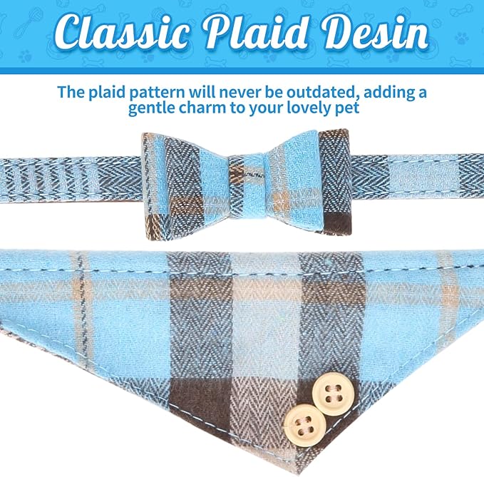 BINGPET Bow Tie Dog Collar and Leash Set,Cute Adjustable Classic Plaid Dog Bandana Collar with Bell, Fit for Small Dogs, Puppies and Cats Outdoor Walking