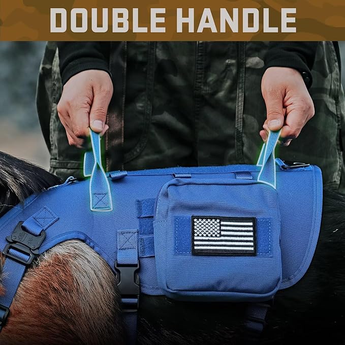Forestpaw Tactical Dog Harness for Large Dogs,Tactical Dog Collar with Bungee Leash Set,No Pull Military Dog Harness for Walking Training,Adjustable for Medium Large Dogs,Blue,Chest 21.5-45"