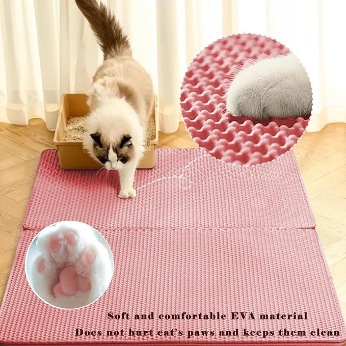 HCY&WLD Cat Litter Mat, Honeycomb Double Layer Cat Litter Trapping Mat, Waterproof Urine Proof Non-Slip, Scatter Control, Less Waste, Easier to Clean (Pink, 30" X 22")