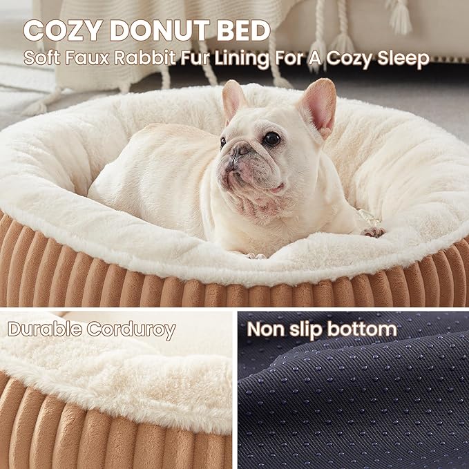 30 inches Donut Dog Bed for Medium Dogs,Calming Round Pet Bed with Removable Cover,Washable Milk Plush Faux Fur, Fits Pets up to 30 lbs(Brown,Medium)