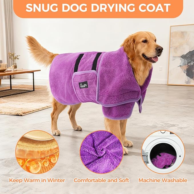 Mihachi Dog Bathrobe Towel Wrap Fast Drying with Drying Gloves Set, Super Absorbent Coral Fleece Dog Drying Coat Bath Robe for Puppy, Medium & Large Dogs, Adjustable Collar & Belly Strap, Purple M