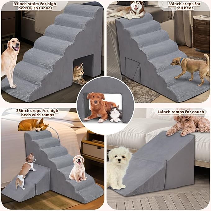 7 Steps Dog Stairs & Steps for High Beds 30-36 inches High Tall, LitaiL 33inch 7 Steps Pet Stairs/Steps for High Beds Small Large Dogs, Non-Slip Dog Ramps/Ladder for Old Dogs/Cats