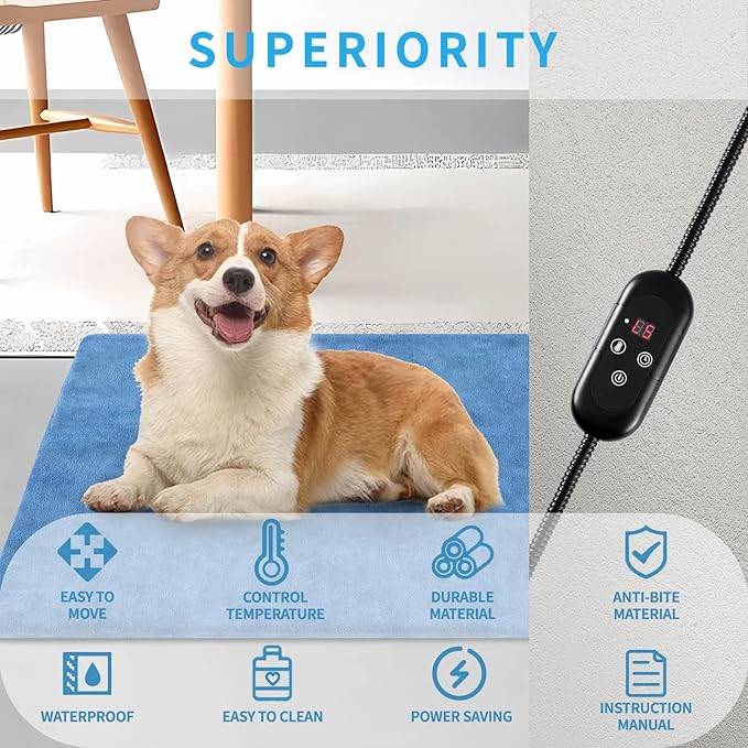 Pet Heating Pad for Dogs, Indoor Outdoor Waterproof Electric Heated Pad Mat for Cats with Chew Resistant Cord,5 Timer and 6 Level Temperature Pet Bed Warmer-15.7x27.5