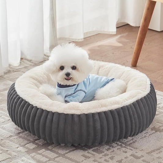 23 inches Donut Dog Bed for Small Dogs - Calming Round Puppy Bed with Removable Cover, Washable Milk Plush Faux Fur Pet Bed for Cats, Fits Pets up to 15 lbs(Dark Grey,Small)