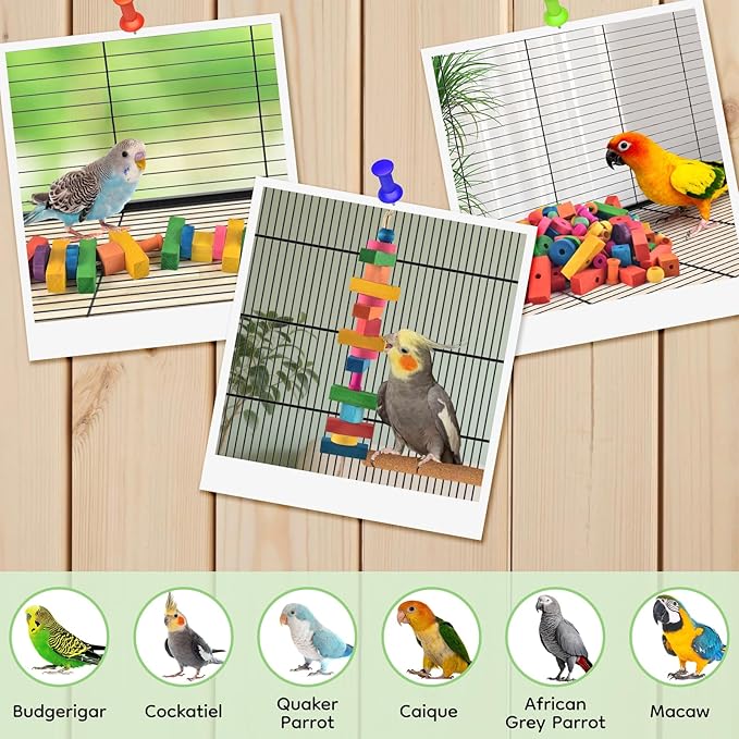 Bird Toys for Parrot, 165 Pcs Colorful Multi-Shaped DIY Wooden Blocks Craft, Birds Cage Chewing Playing Training Toy for Cockatoos, Macaws, African Grey and Small Medium Parrots