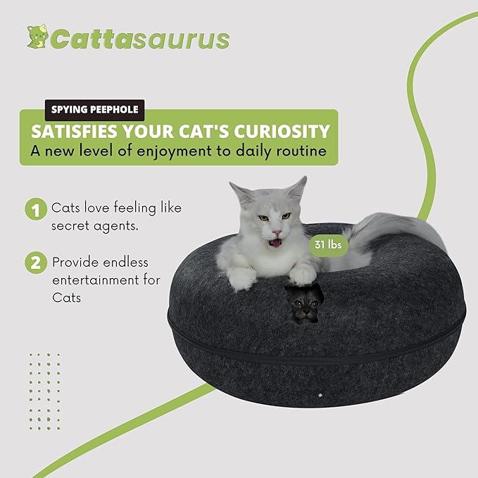 Cattasaurus Peekaboo Cat Cave Donut for Multiple & Large Cats up to 30-45 lbs, 3-in-1 Self Warming Cat Bed, Tunnel & Scratcher for Indoor Cats, Washable & Detachable Small Dog Bed (Dark Gray, Jumbo)