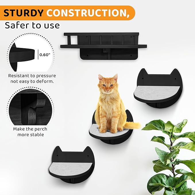 Cat Wall Shelves with 3 Steps – Modern Wood Wall Mounted Furniture, Climber & Perch Shelf for Cats up to 30lbs – Sturdy Floating Bed for Large Cats - Black