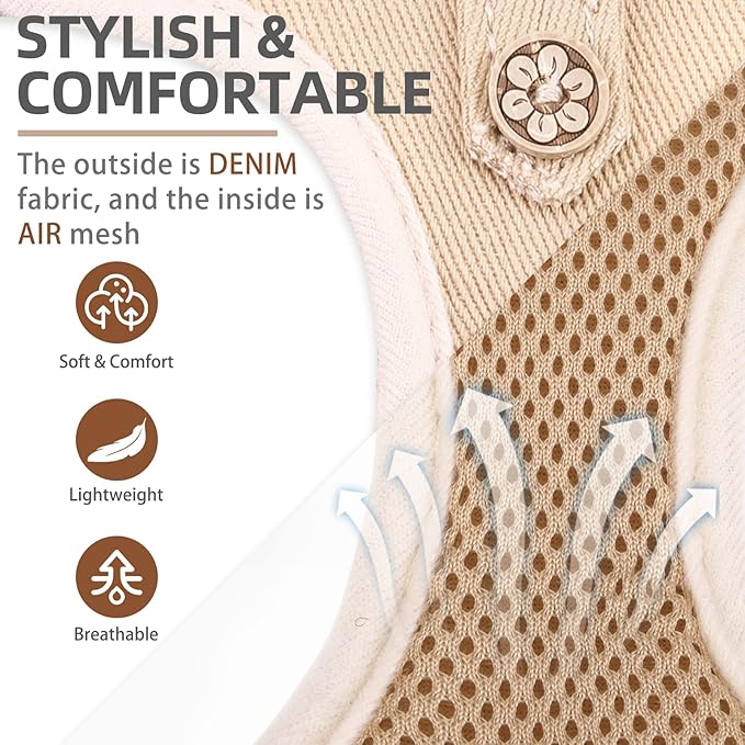 PUPTECK Dog Harness and Leash Set for Small Medium Dogs No Pull Step-in Soft Mesh Puppy Cat Vest Harnesses Reflective at Night, Denim Beige XS