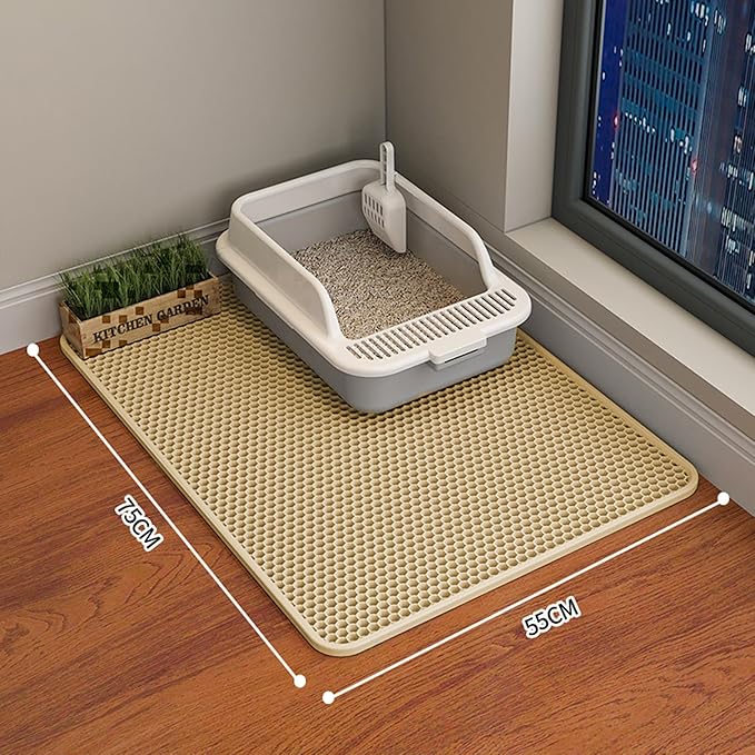 HCY&WLD 2-Pack Cat Litter Mat, Double Layer Honeycomb Waterproof Urine Proof Non-Slip Litter Trapping Mat, Less Waste, Easy to Clean Cat Litter Box Mat, Kitty Indoor Supplies (Khaki, 30x22 Inches)