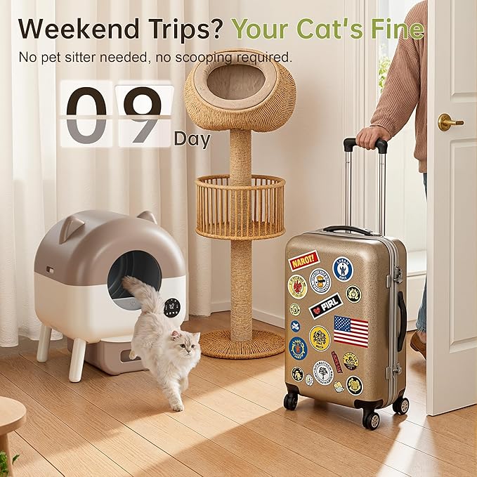 Greesum 76L Large Capacity Fully Enclosed Automatic Litter Box, Cat Ear Design with Garbage Bags Aroma Box and Brush for Multi - Cat Families (Brown)