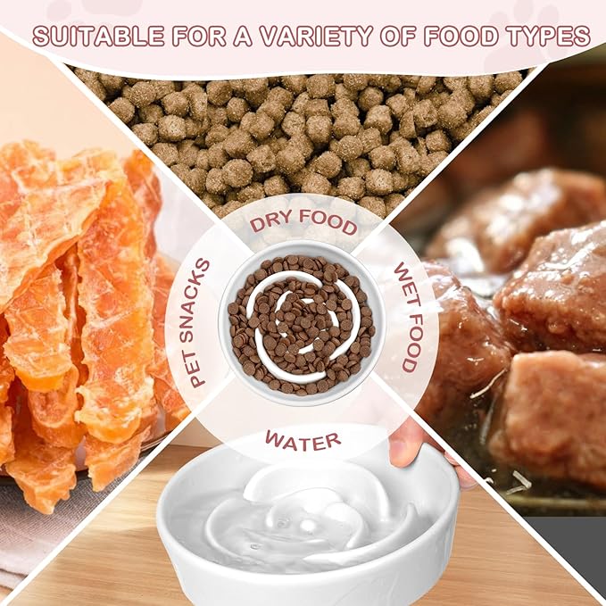 TRUVIC Ceramic Slow Feeder Dog Bowls, 1.5 Cup Puzzle Slow Feeder Bowls for Fast Eaters, Ceramic Dog Food Dish no Black Chin, Puzzle Bowl for Medium Dogs, White