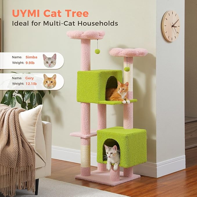 Flower Cat Tree, 52.4 Inch Multi-Level Cat Tower for Indoor Cats with Dual Top Perches, 2 Condos & Scratching Posts, Plush Cat Furniture for Kittens and Medium Cats, Pink