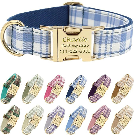 PETDURO Personalized Dog Collar Navy Blue Plaid for Large Medium Dogs | Engraved Name and Phone Number on Gold Metal Buckle for Boys | Add Leash & Bow Tie via Customize Now