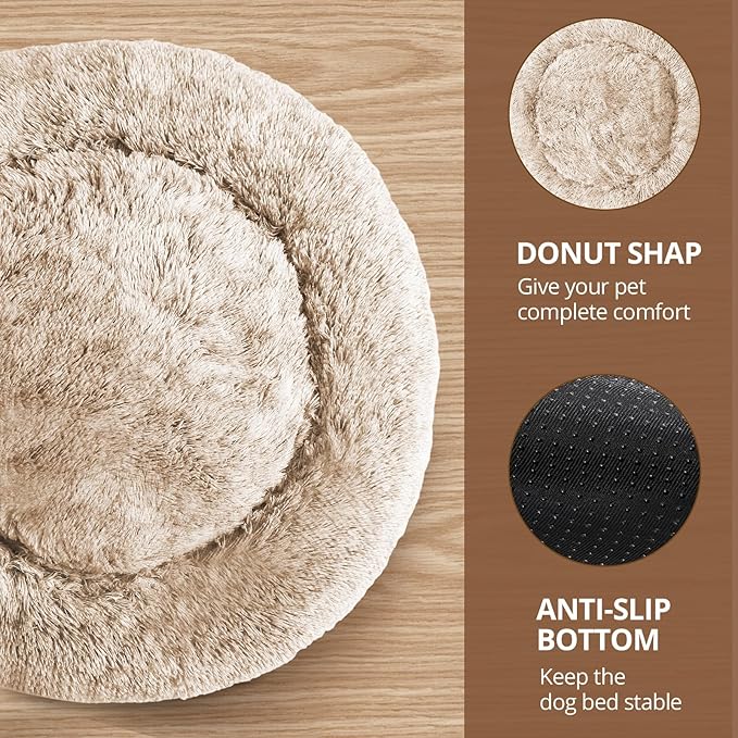 JOLLYVOGUE Calming Dog Bed for Small Dogs - 23 inches Donut Washable Small Dog Bed for Kittens & Puppies, Anti-Slip Round Fluffy Plush Faux Fur Cat Beds (Fits up to 25 lbs Pets, Cream Brown)