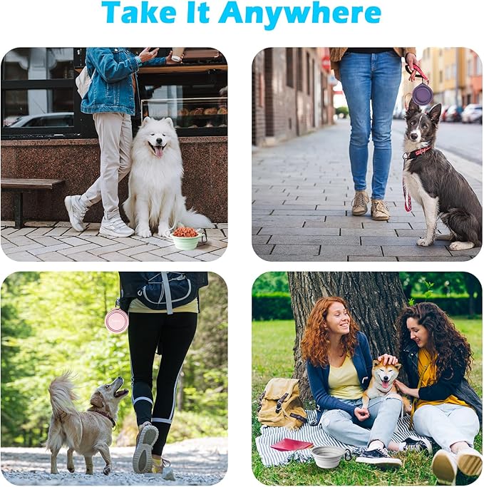 PetBonus 2-Pack Silicone Collapsible Dog Bowls, BPA Free Dishwasher Safe, Portable Foldable Expandable Travel Bowl, Food Water Feeding Cup Dish for Dogs Cats with 2 Carabiners （Grey, Chalk Pink）