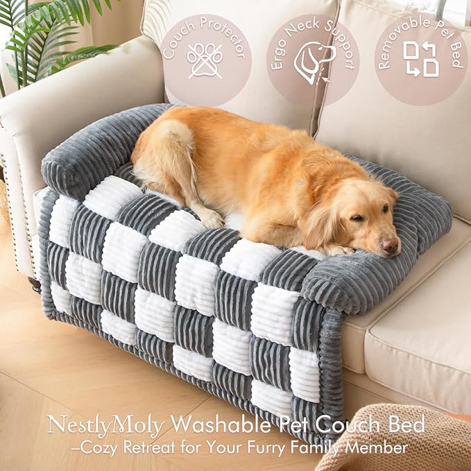 Dog Bed for Couch with Bolster, Comfy Couch Cover for Dogs Washable, Non-Slip Plush Furniture Protector, Calming Fuzzy Lounge Mat, Pet Sofa Accessories (Grey, Large)