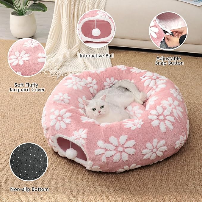 Cat Tunnel for Indoor Cats, Cute Peekaboo Cat Cave with Dangling Balls, Pet Donut Tunnel Bed with Circle Mat for Puppy Kitten Rabbit, Pink