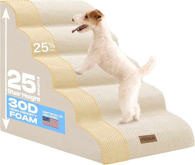 Extra Wide Dog Stairs for Large Dogs Up to 80lbs, 25" Pet Steps for High Bed with Washable Cover, 5-Step Foam Bed & Couch Ladder for Small Medium Dogs & Senior Cat, Beige