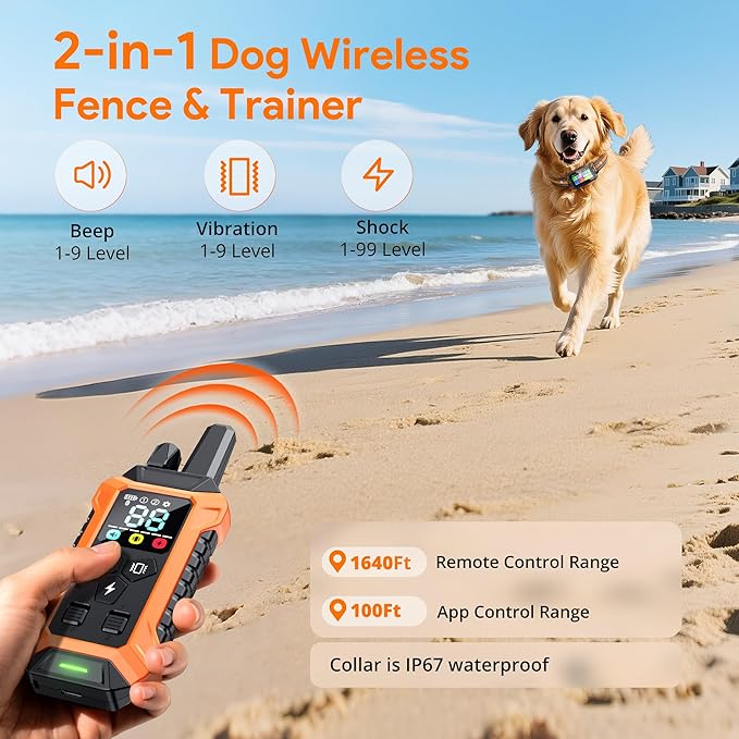 Meowant GPS Wireless Dog Fence &Training Collar with Remote, Free App, 79ft to 7000ft Electric Fence, Waterproof LCD Collar, 3 Training Modes, for Dogs Over 10Lbs, Outdoors