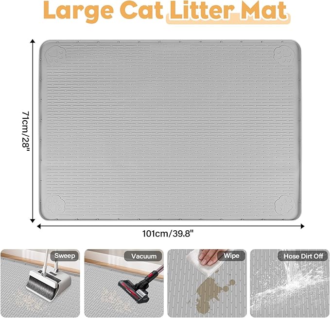 40"x28" Cat Litter Mat Lanstics Cat Mat for Litter Box Large Silicone Litter Box Mat for Kitty Scatter Control Floor Protect (Grey)