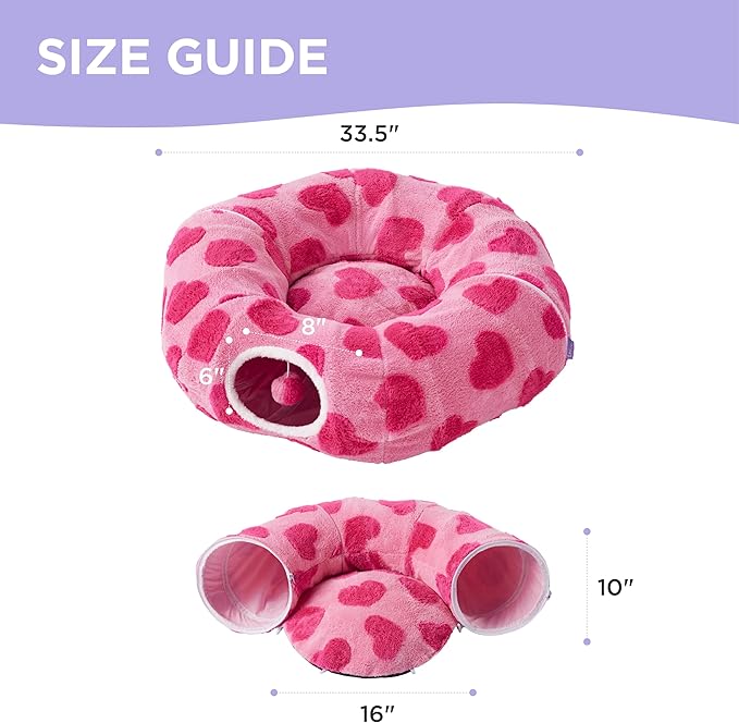 Lesure Cat Tunnel Bed for Indoor Cats - Cute Cat Donut Tunnel Toys with Washable Circle Cushion, Round Pet Peekaboo Cave Toy for Kitten/Puppy/Rabbit, Standard Pink Hearts