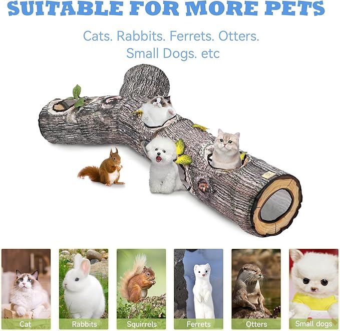 Tree Trunk Cat Tunnel - Cat Tunnels for Indoor Cats, Cat Bed Tree Hole Toy with Three Channels and Leaves, Foldable & Easy to Store, Suitable for Cats and Other Small Animals to Chase and Play