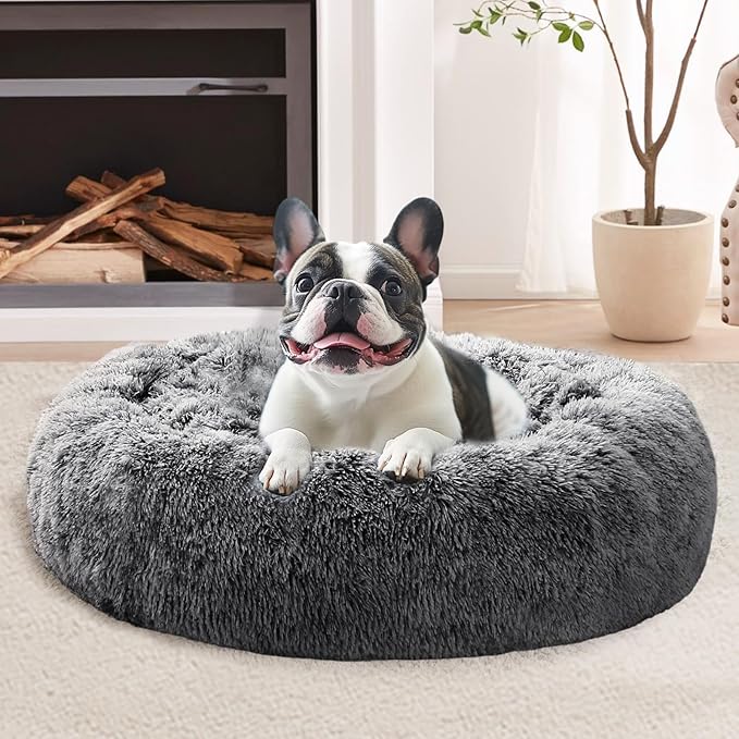 JOLLYVOGUE Calming Small Dog & Cat Bed for Indoor Cats - 20 inches Washable Donut Bed for Kittens & Puppies, Anti-Anxiety Round Fluffy Plush Pet Beds (Fits up to 15 lbs, Smoke Black)