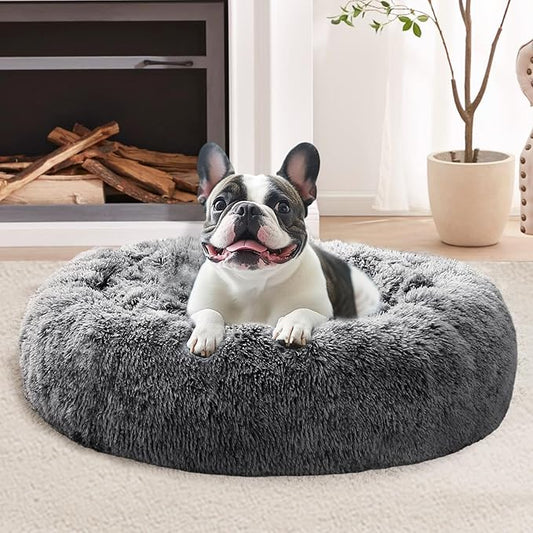 JOLLYVOGUE Calming Small Dog & Cat Bed for Indoor Cats - 20 inches Washable Donut Bed for Kittens & Puppies, Anti-Anxiety Round Fluffy Plush Pet Beds (Fits up to 15 lbs, Smoke Black)