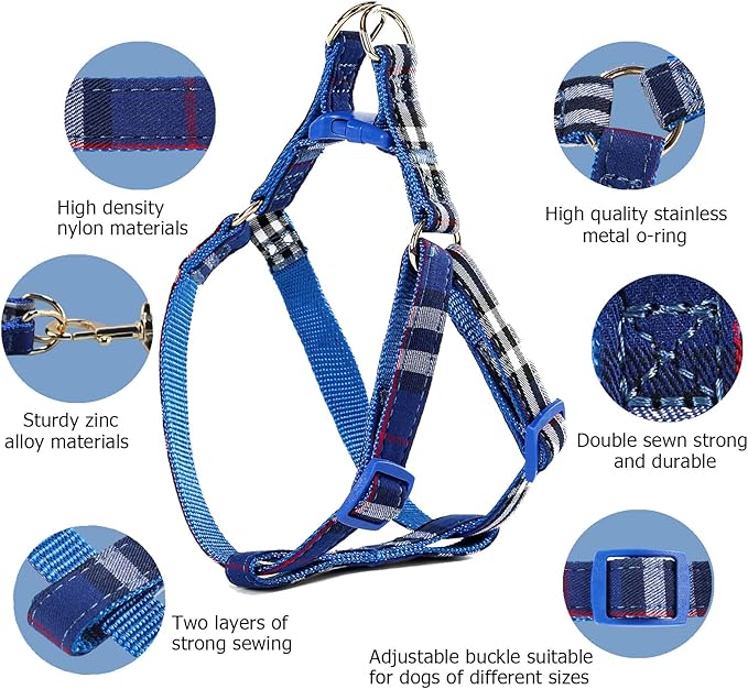 Cute Plaid Dog Collar Harness and Leash with Safety Buckle - Adjustable and No Pull Comfortable Dog Collars for Small Puppy, Stylish Durable Gift for Boy Girl Pets