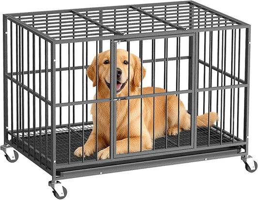 Heavy Duty Indestructible Dog Crate 48in with Removable Trays, Escape-Proof Double Door for High Anxiety Dog, Kennel with Lockable Wheels for Medium Large XL XXL Dogs