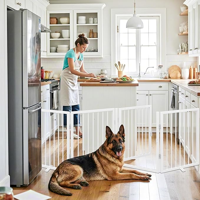 Vantas Folding No-Assembly Metal Pet Gate 80" Wide, 24" Extra Tall Dog Gate with Door Walk Through, Freestanding Accordion Puppy Gate Dog Door for Indoor & Outdoor, with 2PCS Support - White