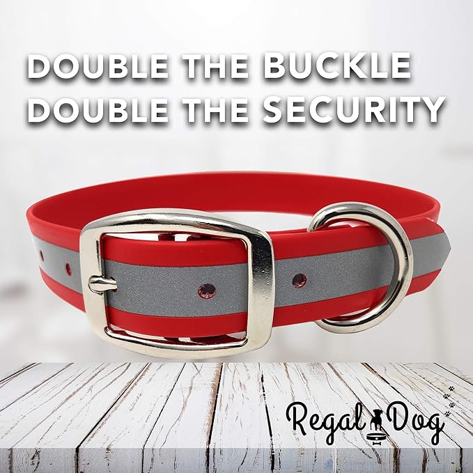 Regal Dog Products Large Red Reflective Dog Collar with Custom Engraved Name Plate and Heavy Duty Center Ring | Waterproof Biothane Personalized Dog Collars - Other Sizes for Small & Medium Dogs