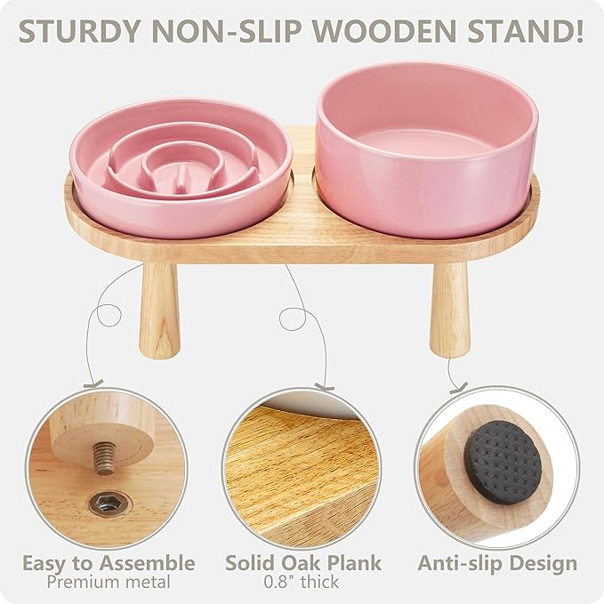 Ceramic Slow Feeder and Water Bowl Set for Small Dogs, 6.0inch Ceramic Dog Bowls Elevated with Wooden Stand, 0.6 Cups Dog Slow Feeder(14oz) and 30oz Water Bowl Set, Pink