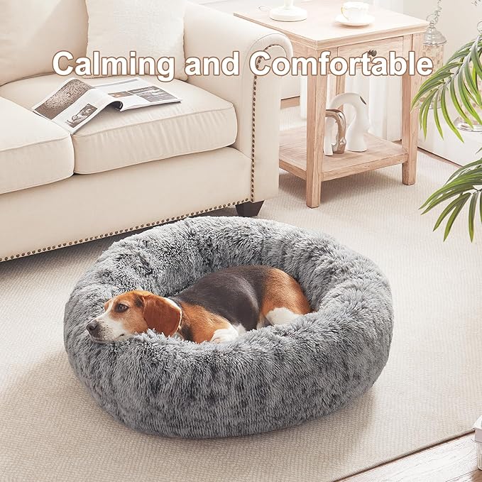 33 inches Donut Dog Bed for Medium Large Dogs,Calming Fluffy Round Pet Bed with Removable & Washable Cover,Fits up to 65 lbs Pets(Dark Grey,M Plus)