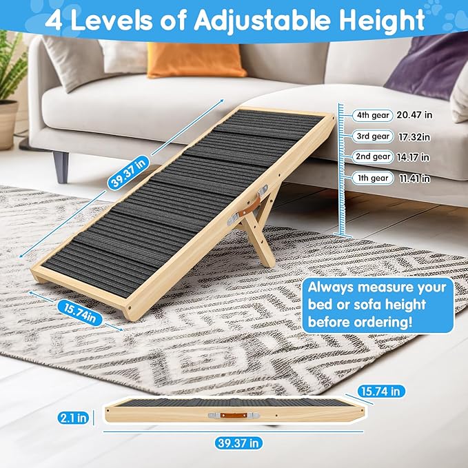 Dog Ramp for Couch, Bed, Wooden Long Pet Stairs for Small & Large Old Dogs & Cats, Hold up to 100lb, Adjustable Height from 11.41" to 20.47", Portable Doggie Steps Weight 11 lbs (39.37" L)