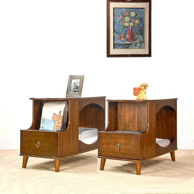 2-Set Pet Litter Box Enclosure, Hidden Litter Box Furniture with Storage Shelf, Indoor Cat House with 1 Drawer, Wooden Cat Washroom Modern Console, Pet Storage Cabinet