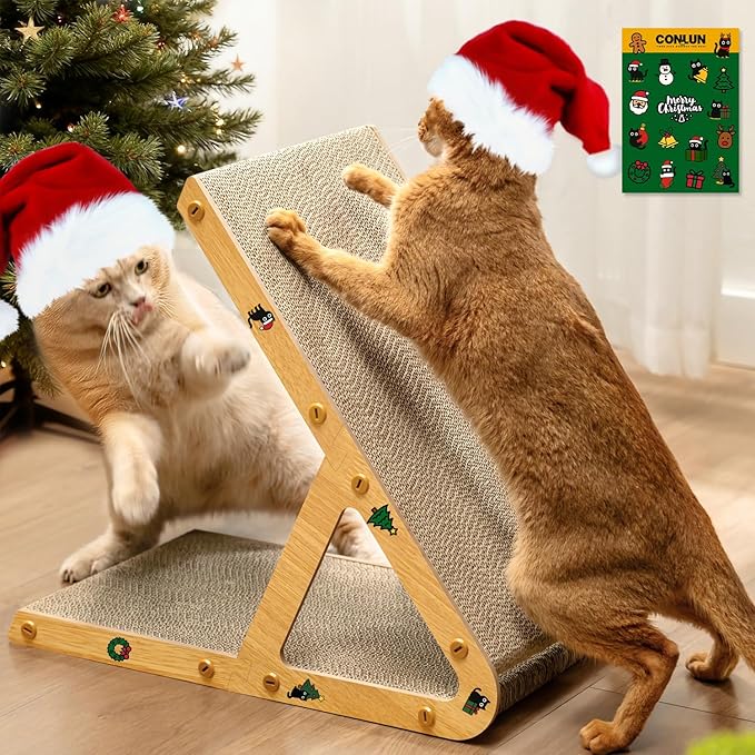 A-Frame Cat Scratching Board, Recycled Cardboard & Wood Frame, Dual-Sided Vertical Horizontal Cat Scratcher for Indoor Kittens, Xmas, Multiple Kitten Scratch Pads, Small