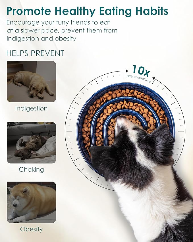 vancasso Slow Feeder Dog Bowl, 3 Cup Ceramic Slow Feeding Food Dish for Large Breed, Puzzle Dog Food Bowl for Fast Eater, Blue