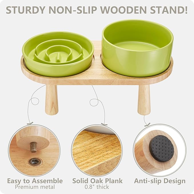 Ceramic Slow Feeder and Water Bowl Set for Medium and Large Dogs, 8.0inch Ceramic Dog Bowls Elevated with Wooden Stand, 2.0 Cups Dog Slow Feeder(30oz) and 70oz Water Bowl Set, Green