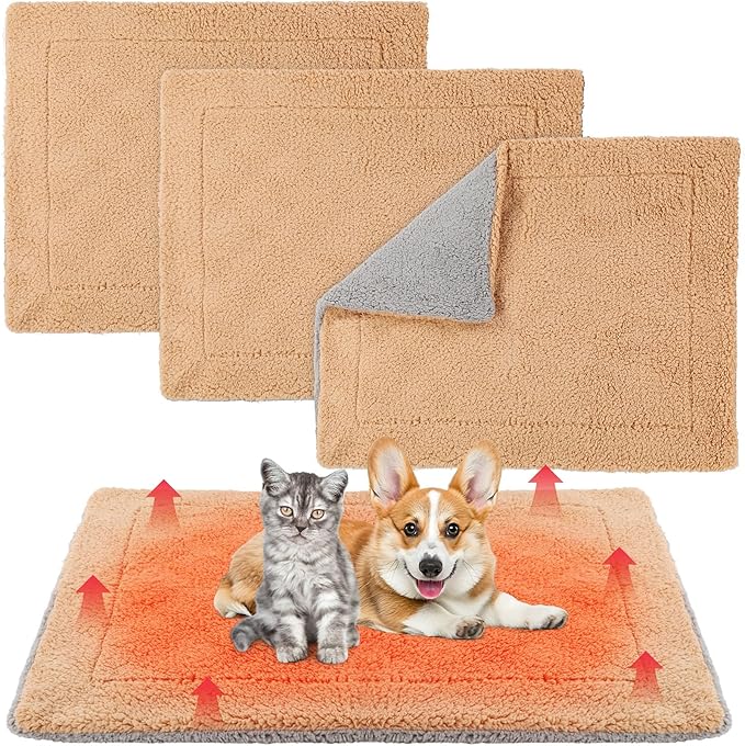 Novabright 3 Pack Self Warming Cat Bed 27x35 Inch Self Heating Dog Mat Reflects Body Heat Extra Warm Thermal Pet Pad Washable Cat Dog Bed for Outdoor Indoor Large Kittens Puppy(Grey/Camel)