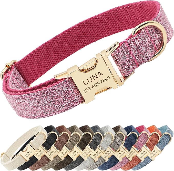 Polyester Personalized Dog Collar with Name and Phone Number, Customizable Laser-Engraved Collar with Metal Quick Release Buckle for Dogs (Rose)