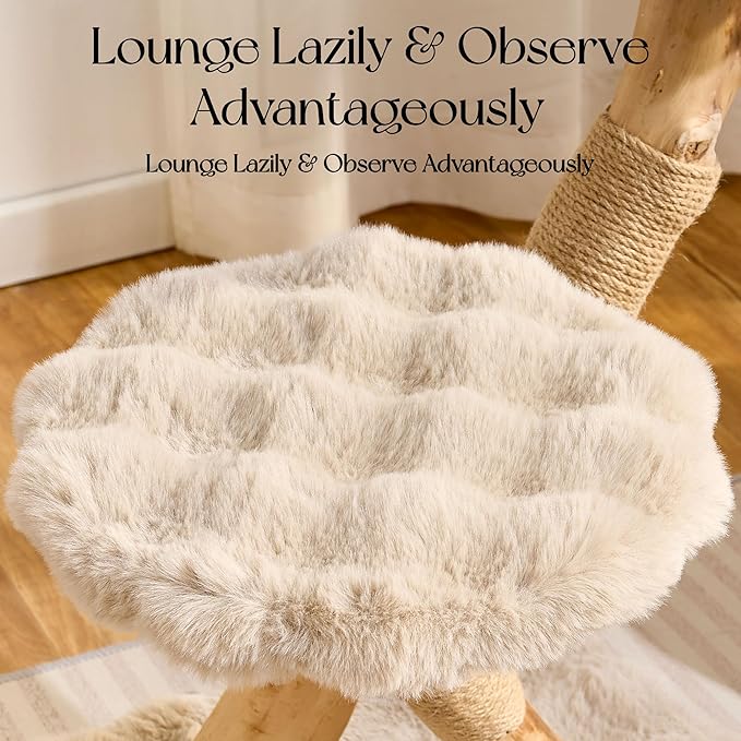 Solid Wood Cat Tree, Modern Cat Tree Tower for Large Indoor Cats, Natural Real Pear Wooden Aesthetic Cat Condo with Scratching Post for Adult Kittens-Khaki