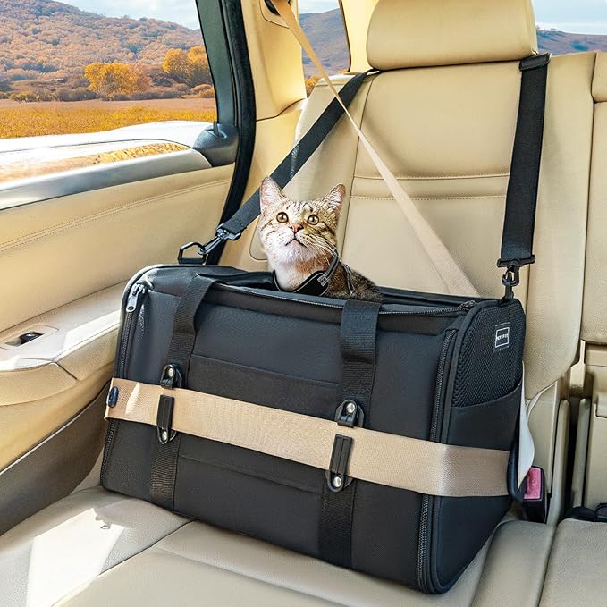 PETSFIT Cat Car Carrier for Small/Medium Cats Dogs, 18"x11"x11" Airline Approved Cat Carrier, with Patent Safety Buckles and Escape-Proof Zipper - Safeguarding Car Travel, Airplane, Vet, Outdoor