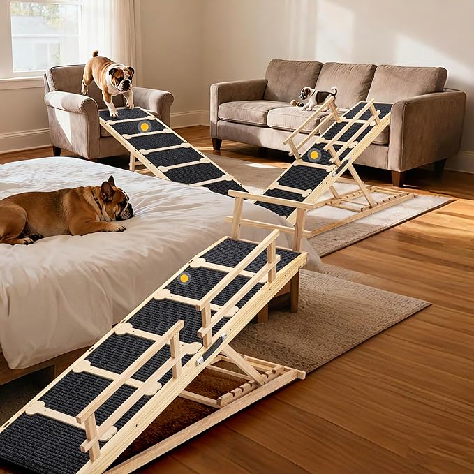 AQUILLA 60.9" Natural Wood Dog Ramp for Bed,Couch & Car,5-Level Adjustable Wooden Pet Ramp with Plush Anti-Slip Surface,Removable Rails,Angle Lock,Folding Dog Ramp for Small & Senior Pets, 200 lbs