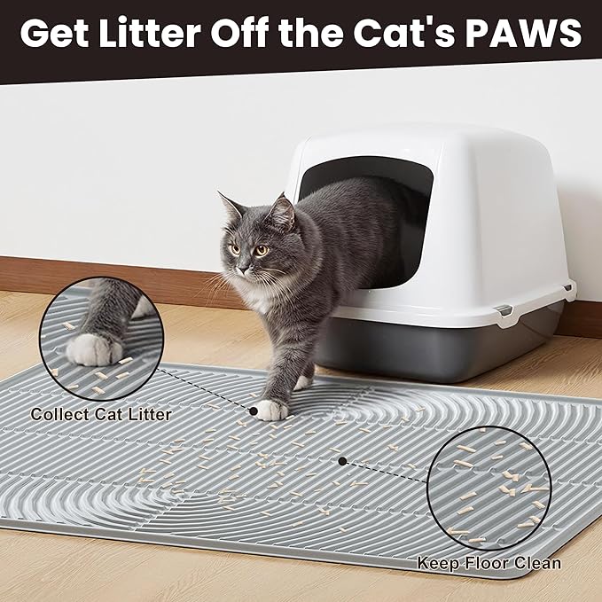 Cat Litter Mat, 40" x 28" Extra Large Silicone Litter Box Mat for Floor, Pet Trapping Litter Rug Pad, Soft Cat Paws, Easy to Clean, Waterproof/Urine-Proof, Garbage Recyclable (Gray)