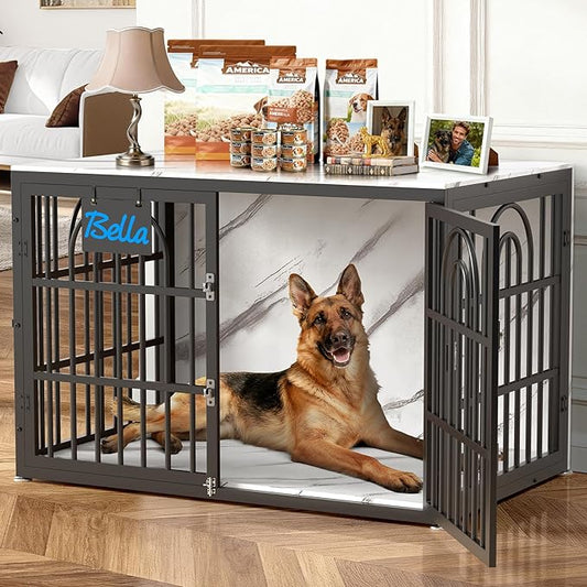46.5" Dog Crate Furniture, Heavy Duty Dog Crates, Dog Kennel Furniture Indoor for Extra Large Dog as TV Stand, Wooden Cage End Table for Indoor, Name Tag Escape-Proof Locks & Double Door