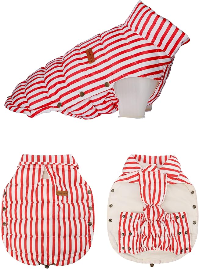 SPACE LION Dog Puffer Jacket, Down Winter Coat, Durable Outdoor Coat for Cold and Windy Conditions, Waterproof, Lightweight Jacket, Adjustable Fit for Small, Medium, Large Dogs(RedStripe, Size20/XL)