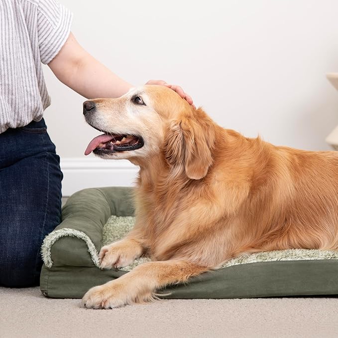 Furhaven Orthopedic Dog Bed for Large/Medium Dogs w/ Removable Bolsters & Washable Cover, For Dogs Up to 55 lbs - Two-Tone Plush Faux Fur & Suede L Shaped Chaise - Dark Sage, Large